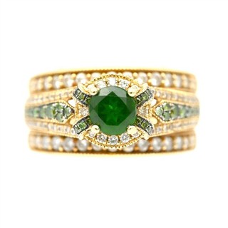 LEVIAN GREEN TSAVORITE DIAMOND HALO BRIDAL SET RING 14K YELLOW GOLD SIGNED
