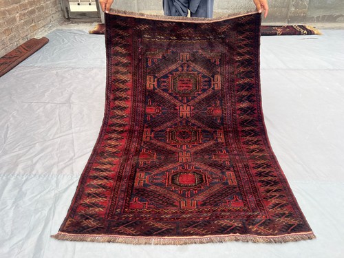 3'2" x 4'7 Antique Afghan Baluchi HandKnotted Wool Rug, Soft Pile, Geometric Rug