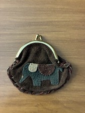 Antique Brown Genuine Leather Suede Elephant Kiss Lock Coin Purse Hong Kong