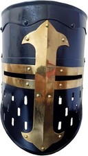 Medieval Crusader Knight Helmet  Black Templar Great Helm with Brass Cross Gift