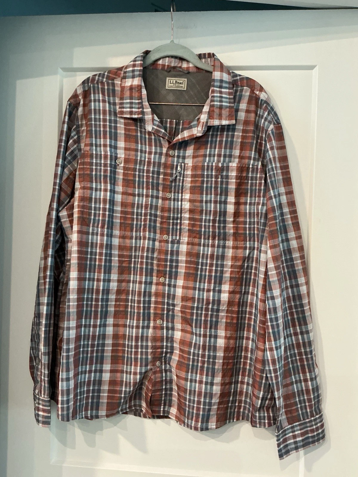 LL Bean Men Plaid Performance Outdoor Hiking Long Sleeve Shirt Size XL Tan/ Gray