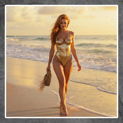 Pinup girl sticker vinyl decal redhead beach swimsuit golden sunset walk