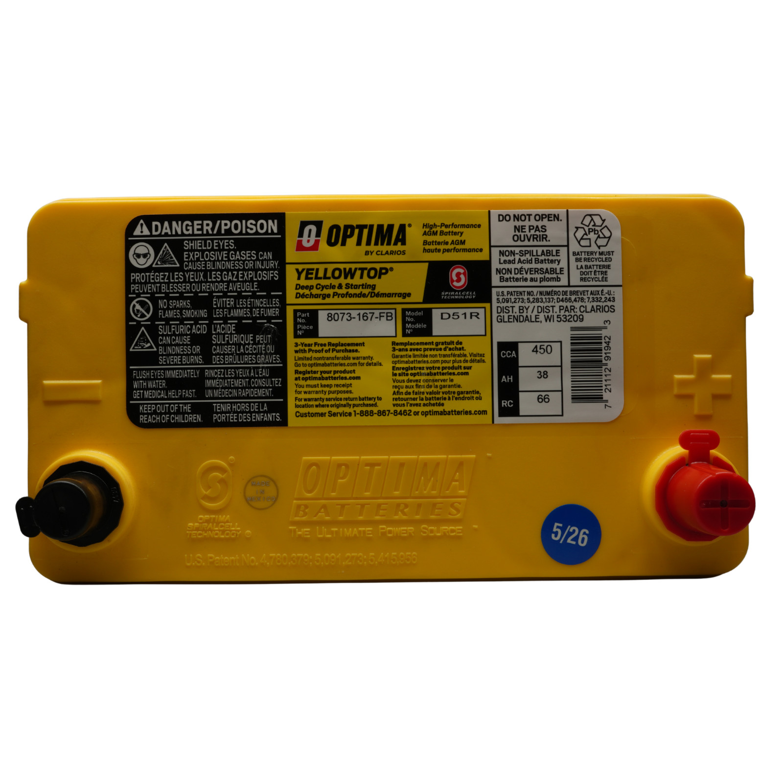 OPTIMA Batteries High Performance D51R YELLOWTOP Dual Purpose Sealed AGM Car