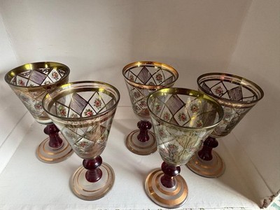 Vintage Bohemian Hand-Painted Glass Goblet   Gold Gilt & Floral Rose Design