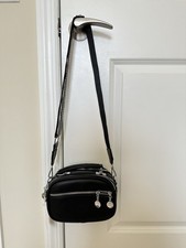 New Black Faux Leather Crossbody Bag Silver Chain Zipper Accents Extra Strap