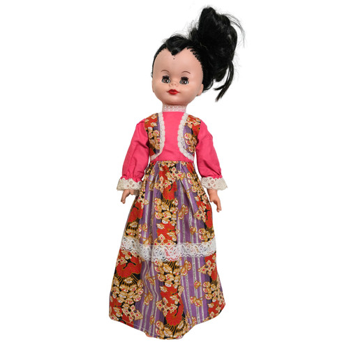 Vintage 56cm Plastic Doll Folk Dress Black Hair Collectible