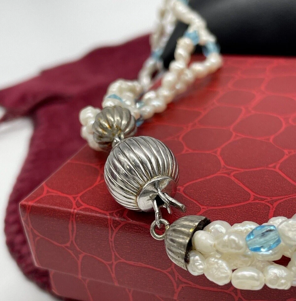 Collana donna vintage argento 925 perle fiume naturali bianche azzurre multifilo - Immagine 3 di 4