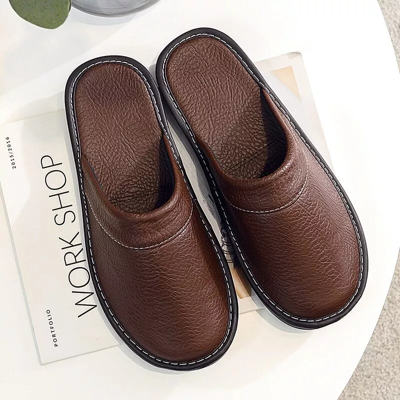 Fashion Men PU Leather Home Slippers Flat Round Toe Shoes Indoor