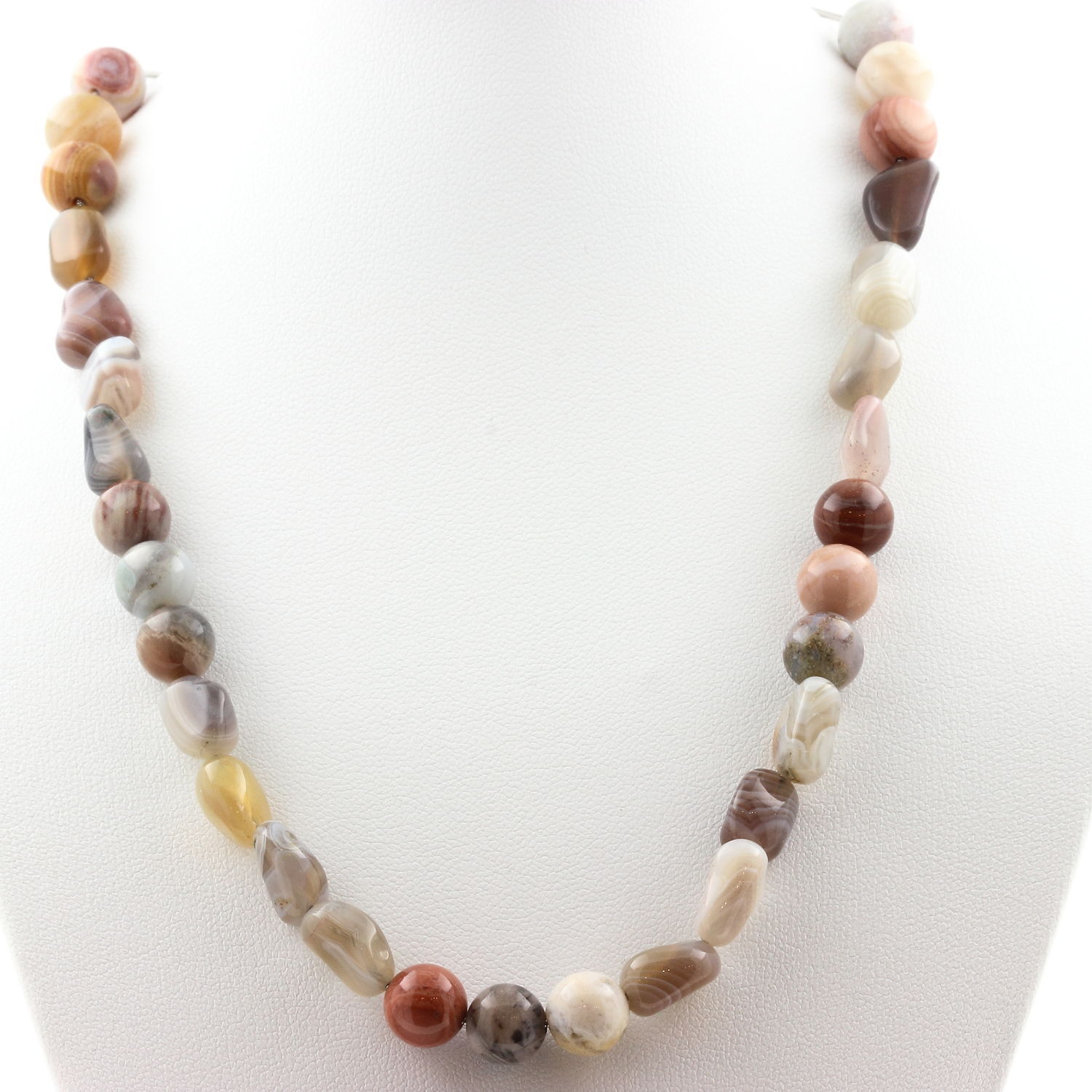 Collier agate du Botswana et bois pétrifié 8 mm, le cadeau idéal avec chaîne en acier