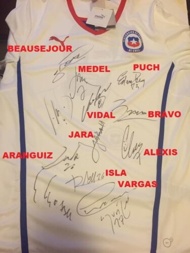 CHILE COPA 15 SIGNED AUTOGRAPH SHIRT PUMA SOCCER JERSEY PROOF ALEXIS+VIDAL+BRAVO - Picture 1 of 8