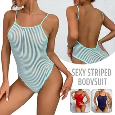 Womens Backless Hollow Bodysuit Leotard See Through Babydoll Party Clubwear