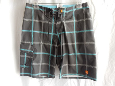QUIKSILVER WATERMAN COLLECTION Gray Blue Plaid BOARD SHORTS SIZE 30