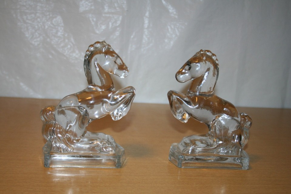 Pair of Clear Glass Rearing Horse Bookends LE Smith A2 eBay