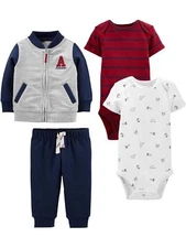 Baby Boys' 4-Piece Jacket Pant and Bodysuit Set Grey/Navy/Red Stripe/White Sp...
