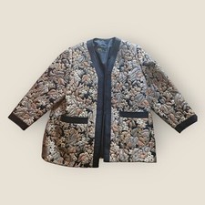 Thai Silk Black & Gold Quilted Floral Jacket Uk Size 18 Glam Party Evening