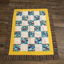 Vtg Handmade Baby Crib Quilt Blanket Airplanes Polka Dots Multi Colored 42x34"