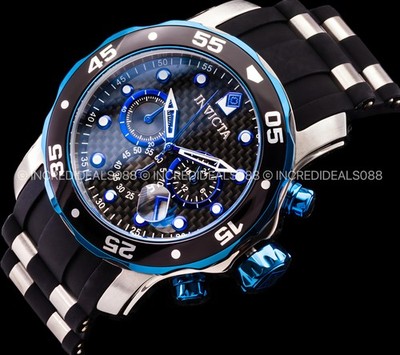Invicta Mens PRO DIVER SCUBA Chronograph Silver Blue Black Dial Strap Watch