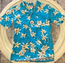 Vintage Paradise Found Blue Print Original Aloha Cotton Shirt Size L Hawaii Made