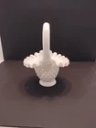 Milk Glass Hobnail Basket, Ruffled Edge, Crimped Handle Possibly Fenton?