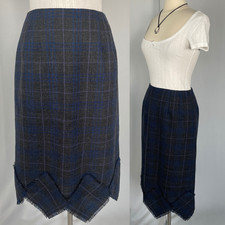 Vintage Midi Skirt Size 8 Grey Blue Plaid Tartan Wool Asymmetrical Academia 90s