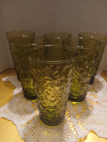 6 VTG Anchor Hocking Lido Milano Avacado Green Crinkle Glass Tumblers 6 3/4" HT.