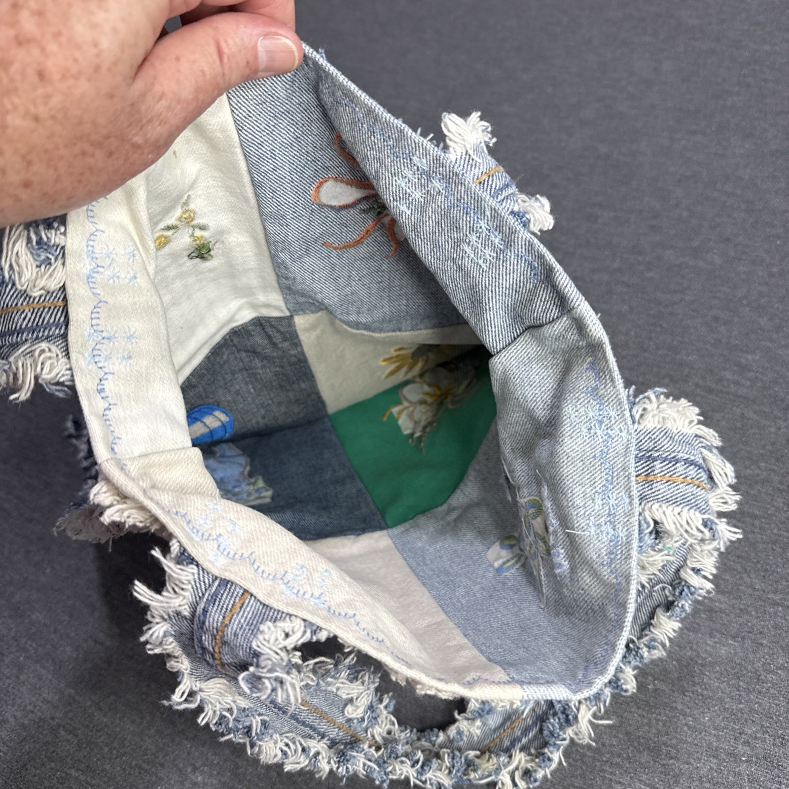 Handmade Denim Patchwork Tote Bag Embroidered Flo… - image 4