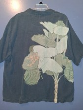 Tommy Bahama 100 Silk Shirt XL Blue Grey Fan Palm Tree Panel Print Hawaiian