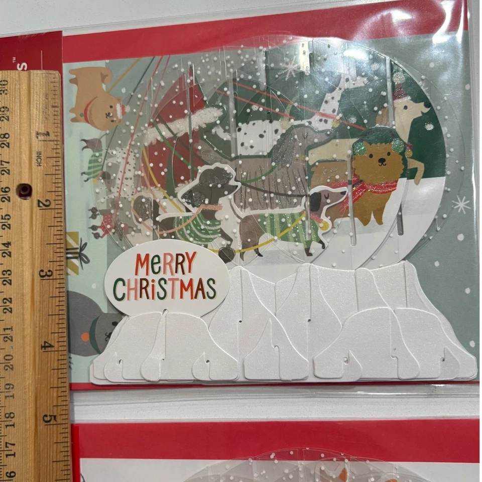 2 Pop Up Snow Globe Greetings Christmas Holiday Card Set Dog Cat NEW - Image 3 of 4