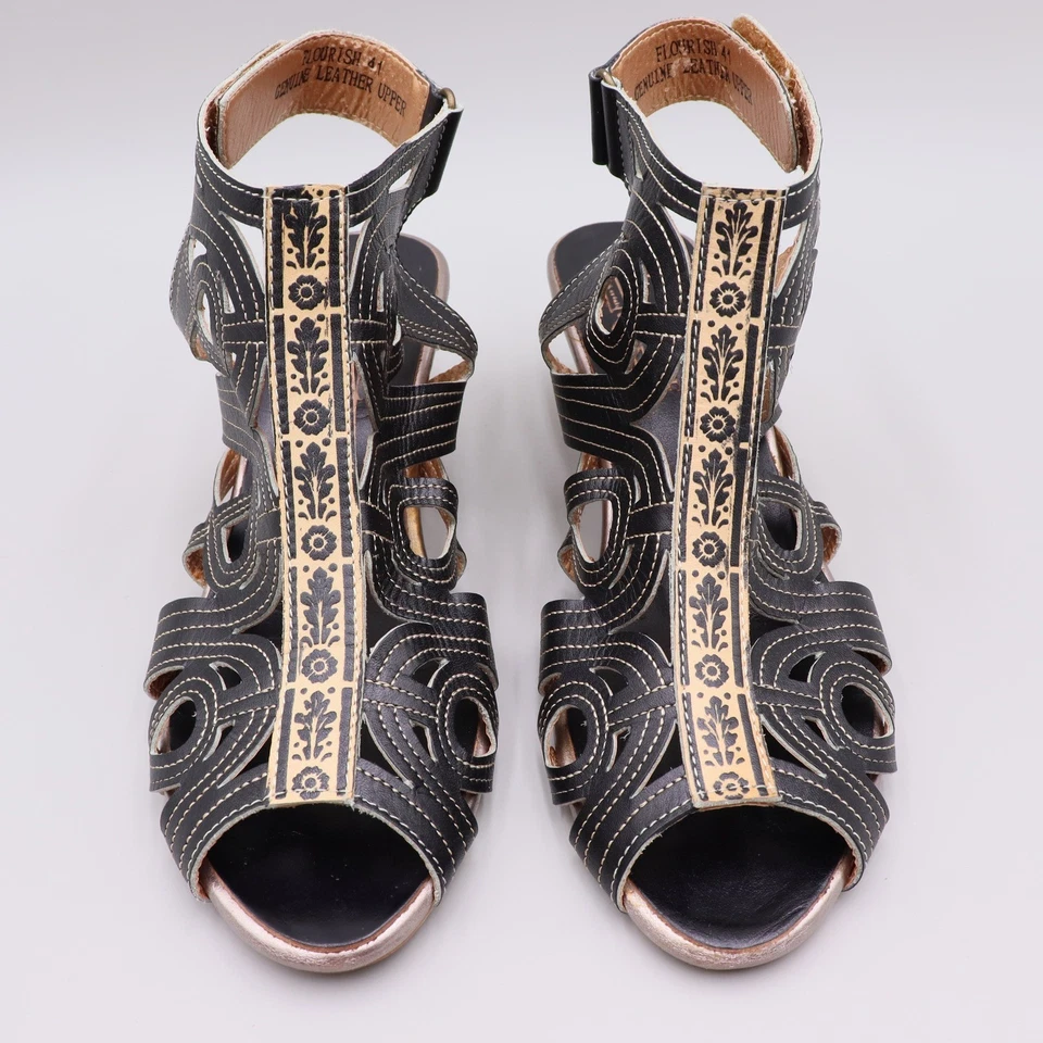 Spring Step L'Artiste Flourish Size 10 Black Leather Cutout Wedge Sandals *READ - Image 2 of 4