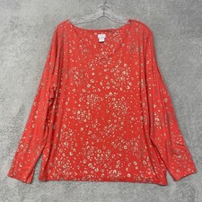 Chicos Top Womens XL Orange V Neck Long Sleeve Top Coral Leopard Print Size 3