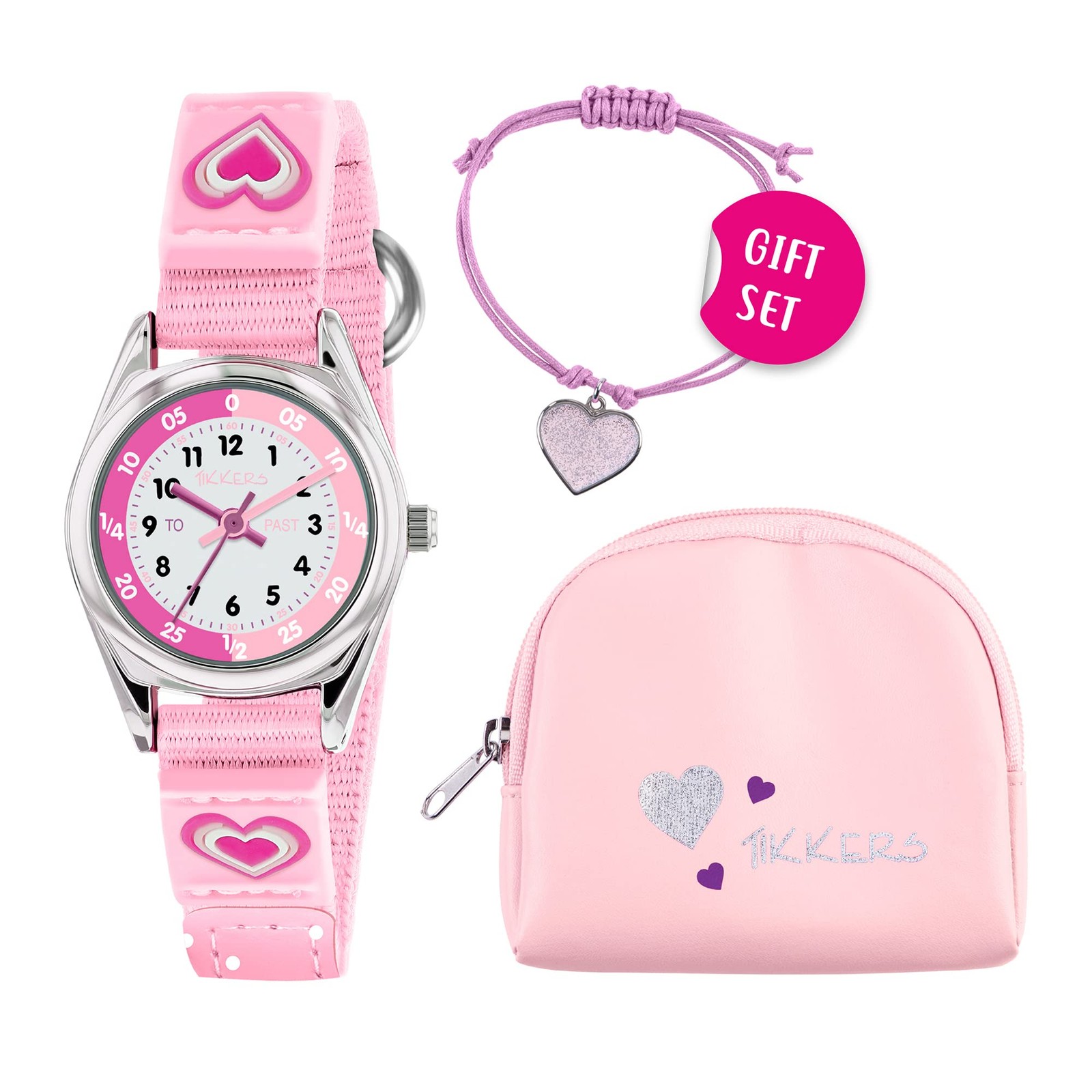 Tikkers Girls Pink Canvas Rip Strap Heart watch, purse and bracelet set ATK1031
