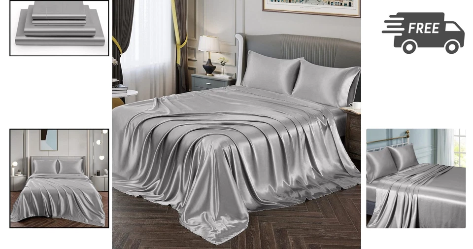 Silky Satin Sheets Full Size Bed Sheet Set Soft Satin Bed Sheets Silver Grey - Image 2 of 4