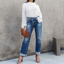 Womens Jeans High Waisted Straight Leg Loose Stretchy Lightweight Tummy