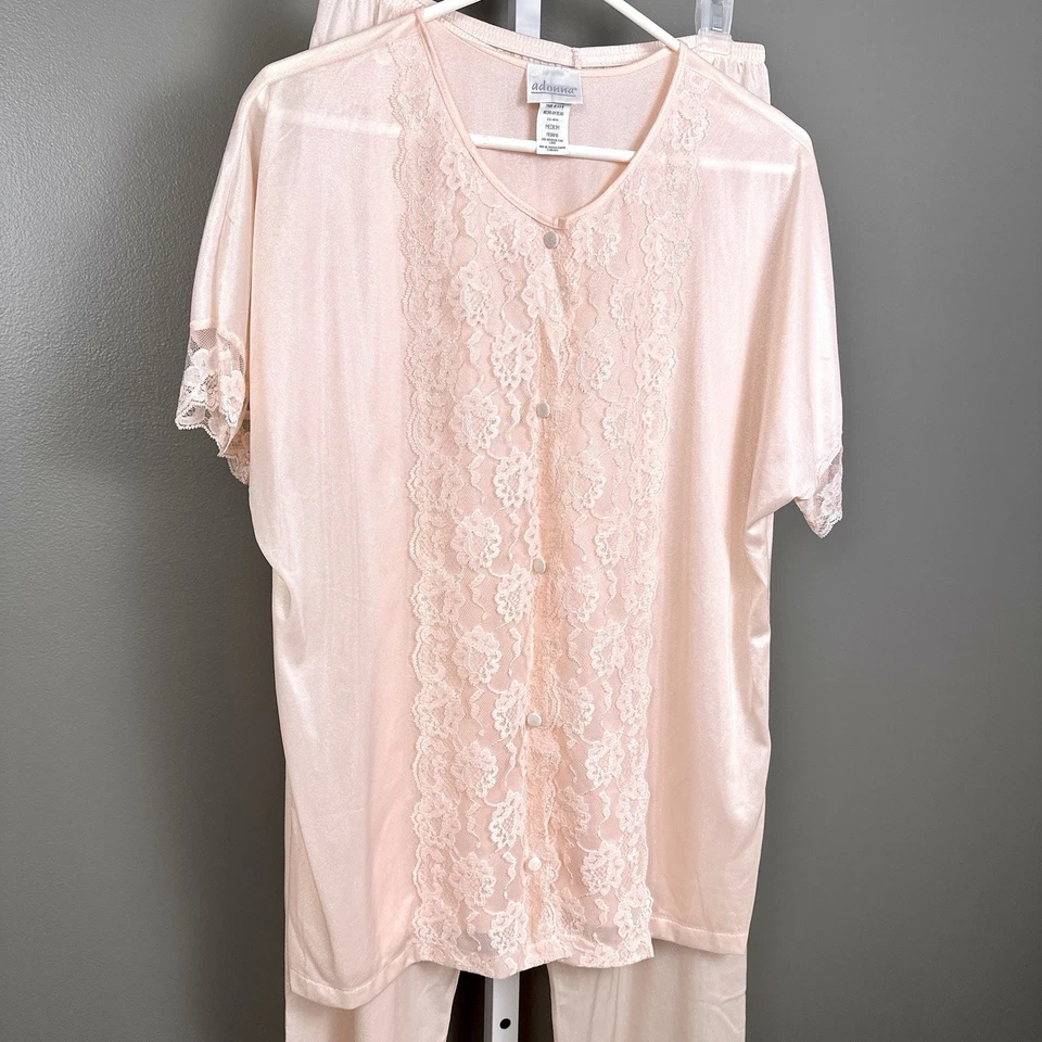 Винтажный Adonna нейлона пижамы комплект персиковый розовый широкий кружевной Топ брюки средний сделано в США - Изображение 2 из 4