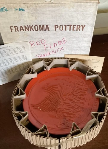 Vintage Frankoma Pottery flame  Red phoenix Plate In Original Box 1985