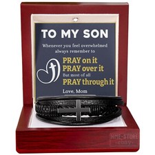 To My Son Bracelet Leather Cross Men Gifts from Mom Pray Inspirational Encourage