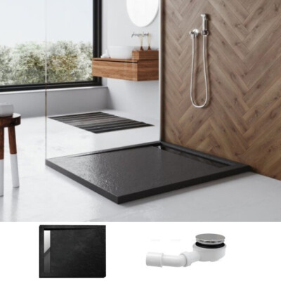 Duschwanne Duschtasse Rechteck 110x90 120x100 Rinne black Stein Effekt schwarz