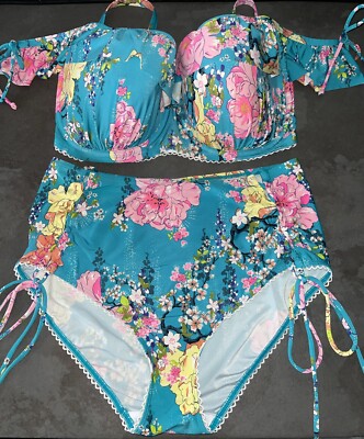 Französischer Damen-Bikini Wasserfall Blumenmuster Floozie Frost Größe 16 Unterteil 38FF Oberteil