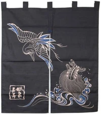 Japanese Noren Curtain Home Business Tapestry Black 35.5" Long Life Turtle Crane