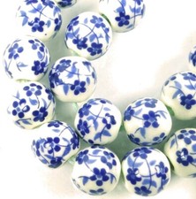 7-8mm Floral Blue White Flower Porcelain decals Round Space Beads 20 