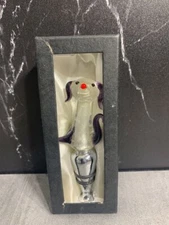 Wine Bottle Stopper, Glass Dog - Clear & Purple w Red Nose Stainless Steel ITALY