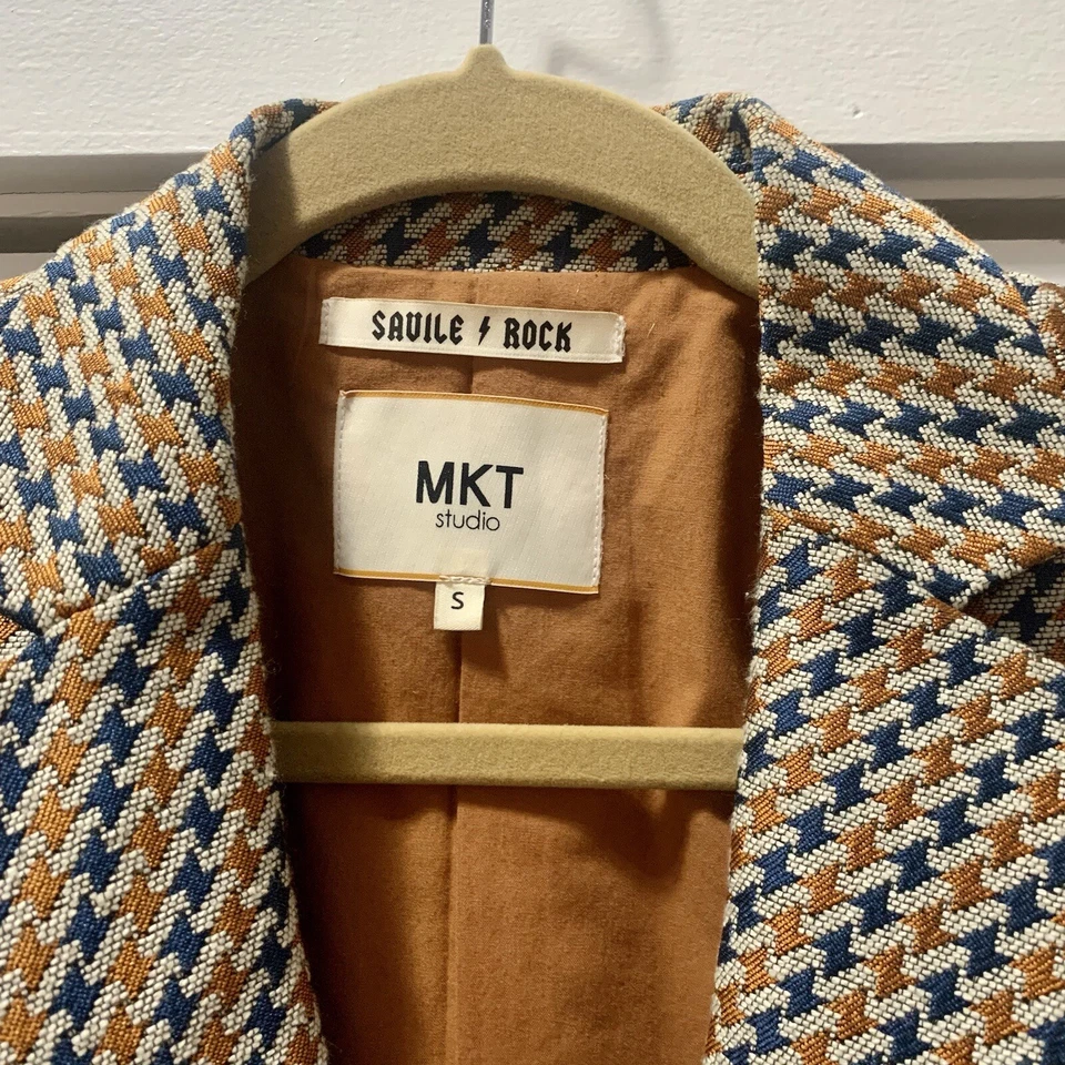 Blazer Anthropologie Vinin por Mkt Studio tamanho pequeno brocado azul marinho e laranja/dourado - Imagem 4 de 4