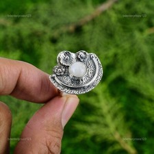 925 Silver Natural Rainbow Moonstone Solitaire Flower Adjustable Ring