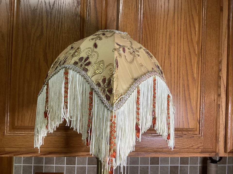 Victorian Downton Abbey Style Tan Fabric Fringe Tassels Lampshade-11” Diameter - Image 3 of 4