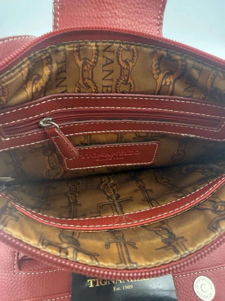 Tignanello Red Leather Crossbody Or Shoulder Handbag Multiple Pockets And Zips - Image 4 of 4
