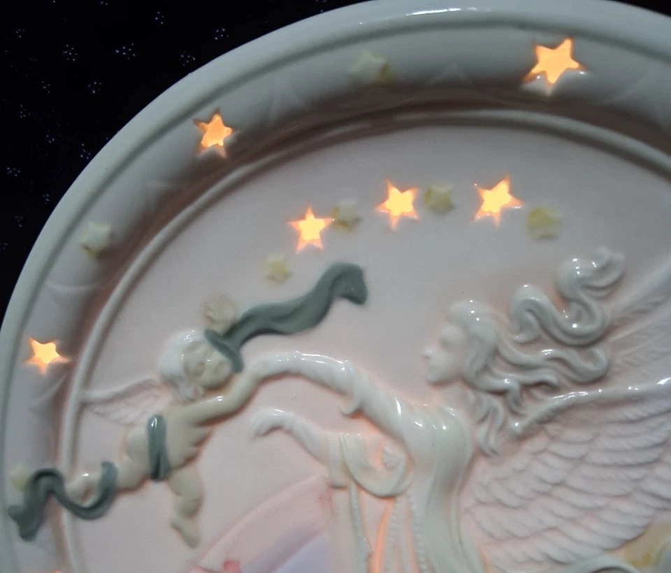 Lámpara de luz nocturna ángel porcelana 8" estrellas querubín color pastel vintage vacaciones Foto 4 de 4