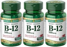 Nature's Bounty Vitamin B12 500mcg Quick Dissolve Cherry 300 Tablets Pack of 3