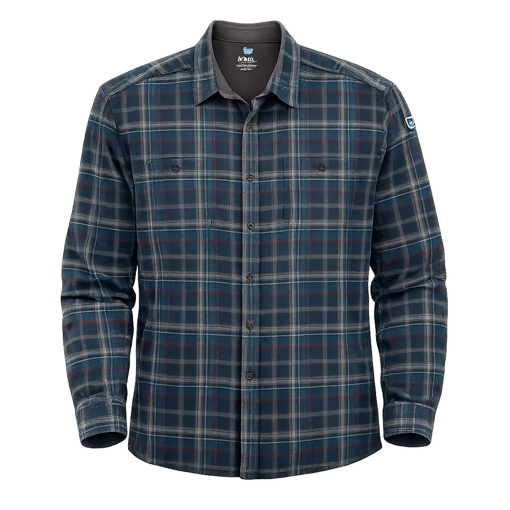 Kuhl Fugitive Flannel Shirt Men XXL Gray Teal Plaid Long Sleeve Outdoor Hiking