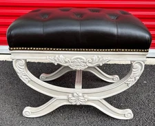 Frontgate Eliza Whte Black Leather Tufted X Base Vanity Stool Bench Seat Ottoman