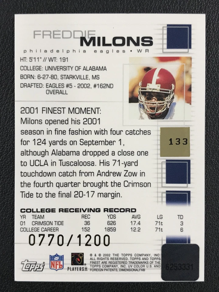2002 Finest #133 Freddie Milons Philadelphia Eagles Autograph /1200 - Image 2 of 2